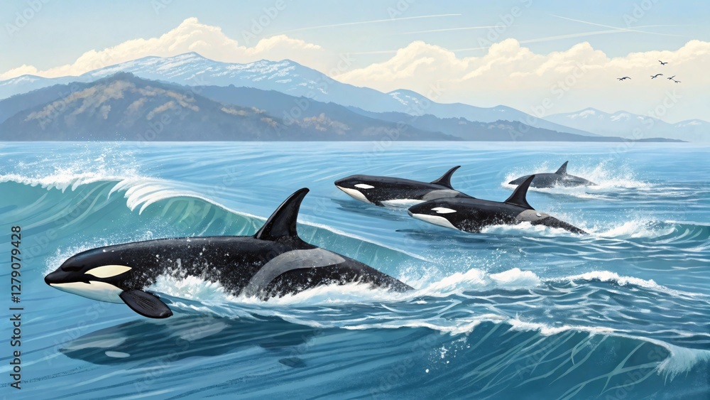 Fototapeta premium Majestic Orcas Swimming Gracefully Through Crystal Clear Ocean Water with Mountains in Background