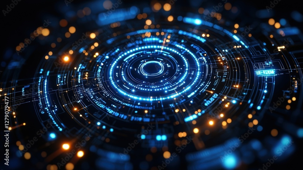 Abstract Blue and Orange Circular Technology Background with Data Patterns and Light Effects Abstract Blue and Orange Circular Technology Background with Data Patterns and Light Effects
