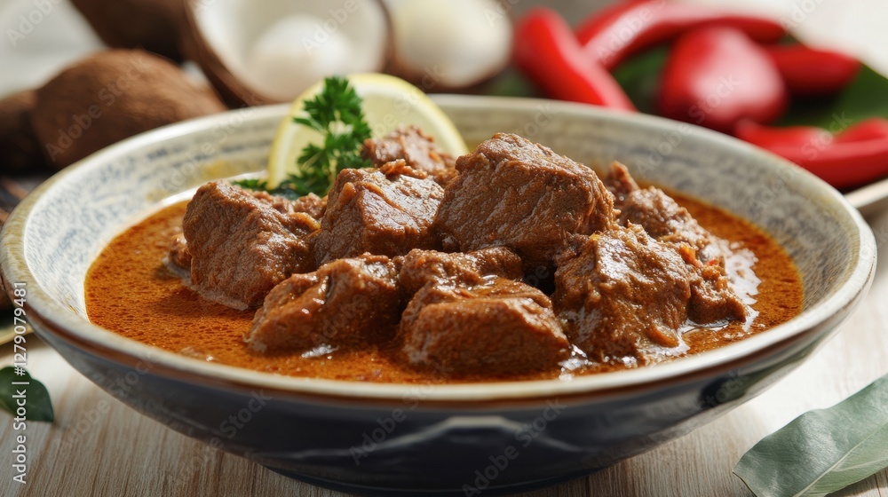 A bowl of Indonesian rendang with tender beef and rich coconut curry, styled with a rustic tropical theme A bowl of Indonesian rendang with tender beef and rich coconut curry, styled with a rustic tropical theme