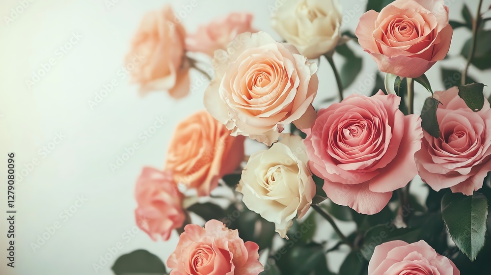 Colorful roses in various shades against a soft, neutral background. Colorful roses in various shades against a soft, neutral background.