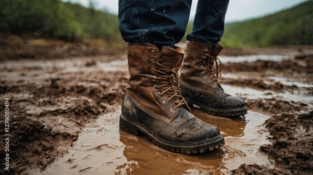 Close Up of Brown Leather Boots Covered in Mud on Wet Terrain Outdoors on Overcast Day Close Up of Brown Leather Boots Covered in Mud on Wet Terrain Outdoors on Overcast Day