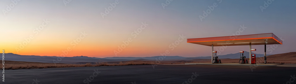 Gas station at sunset remote landscape photography tranquil environment wide angle view travel concept Gas station at sunset remote landscape photography tranquil environment wide angle view travel concept
