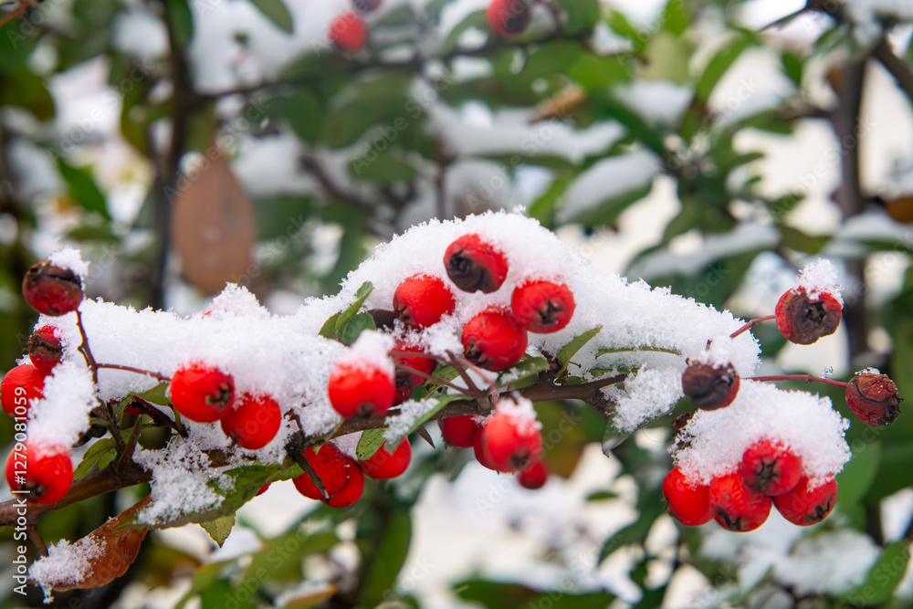 scarlet firethorn, red small fruits that decorate the garden in winter. winter fruits on a green bush covered with snow on a frosty day. scarlet firethorn, red small fruits that decorate the garden in winter. winter fruits on a green bush covered with snow on a frosty day.