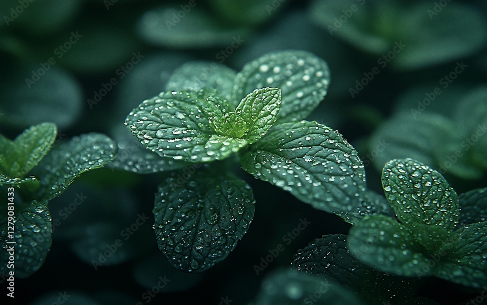 Dew-covered mint leaves close-up. Dew-covered mint leaves close-up.