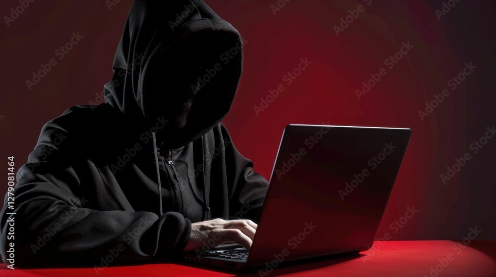 Hidden figure typing on laptop, red background, possible cybercrime Hidden figure typing on laptop, red background, possible cybercrime