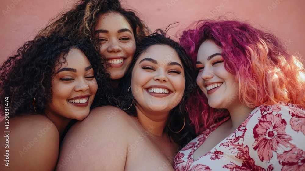 Obraz premium A diverse group of women of different sizes and ethnicities smiling together, embracing body positivity.