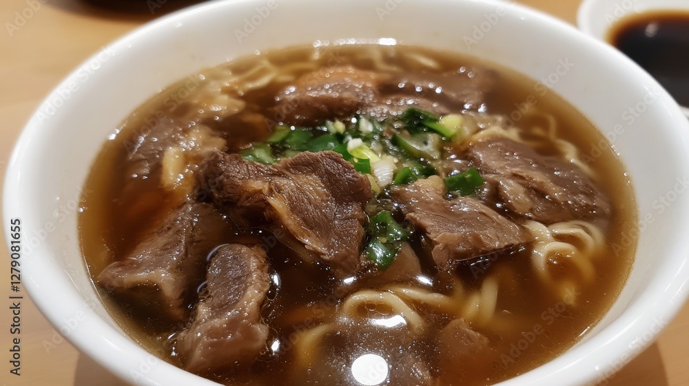A bowl of Taiwanese beef noodle soup with tender chunks of beef A bowl of Taiwanese beef noodle soup with tender chunks of beef