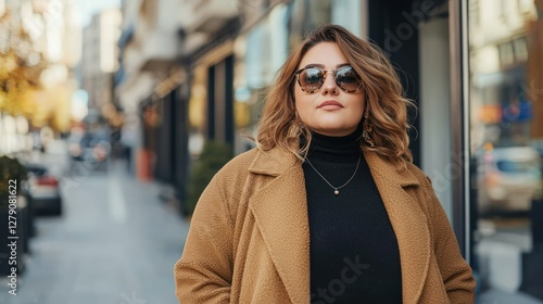 Fototapeta Naklejka Na Ścianę i Meble -  A confident plus-sized woman posing in trendy clothes on a city street.