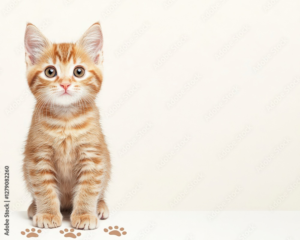 Obraz premium A cute orange tabby kitten sits on a light background, showcasing its bright eyes and playful demeanor.