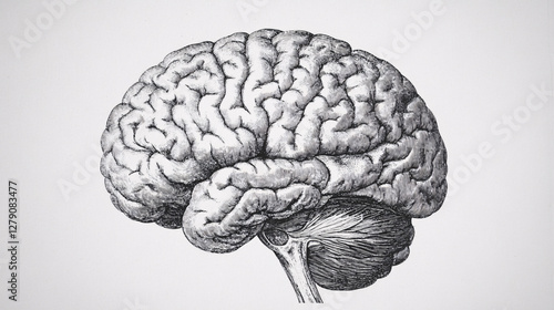 A vintage style black and white engraving of a human brain in side profile showcasing anatomical details and complex neural structure

