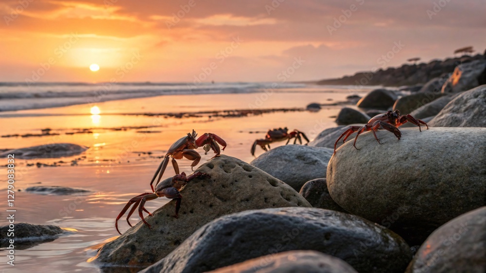 Fototapeta premium Crabs Crawling on Rocky Shoreline at Sunset with Colorful Sky and Gentle Waves in Background