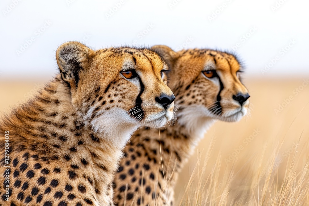 Obraz premium Two cheetahs sitting in tall grass, side profile, alert expressions, beautiful wildlife photography.