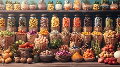 A vibrant display of fresh fruits, vegetables, and jars filled with colorful ingredients, arranged artfully on a rustic wooden surface.