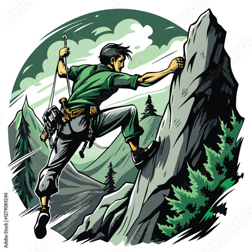 A determined rock climber grips a steep, challenging cliff face, showcasing intense focus and exertion during a daring ascent.