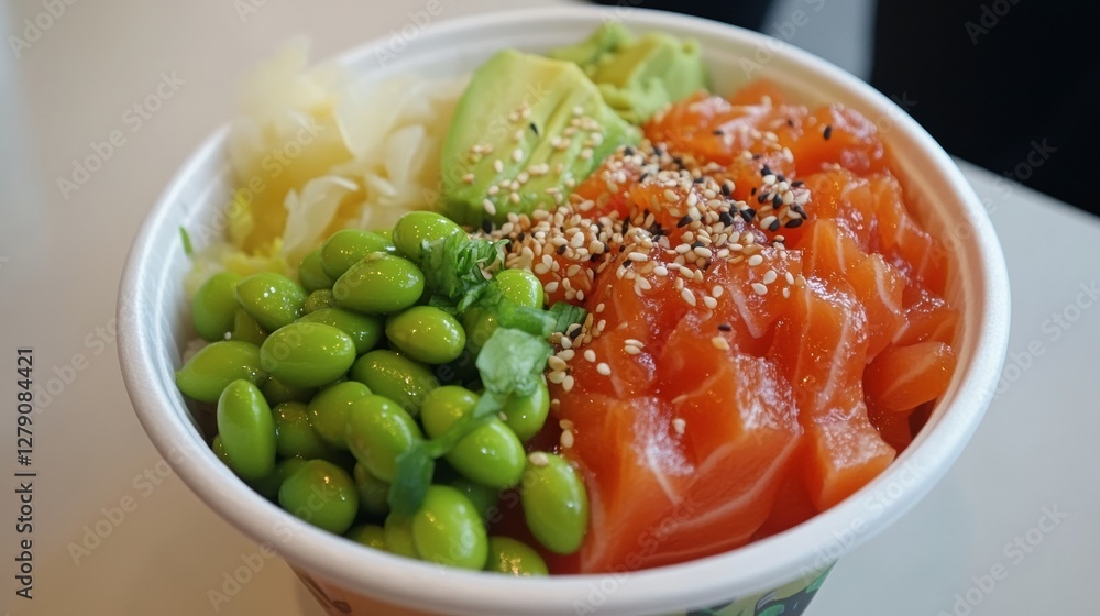 A fresh poke bowl with salmon, edamame, avocado, and sesame seeds A fresh poke bowl with salmon, edamame, avocado, and sesame seeds