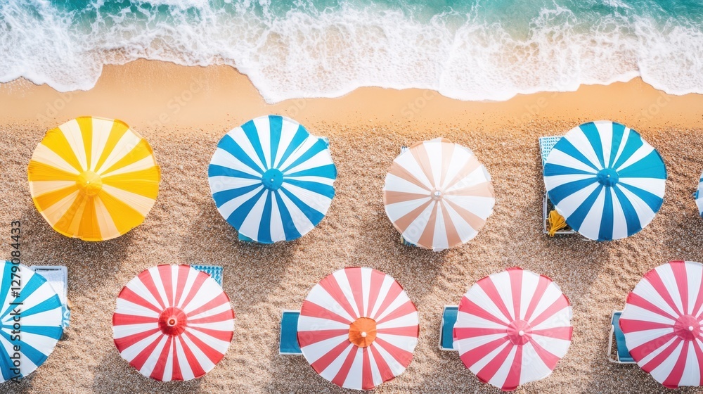 Naklejka premium A row of colorful umbrellas stands on a sandy beach, offering shade and beauty against the backdrop of the ocean waves and clear blue sky.