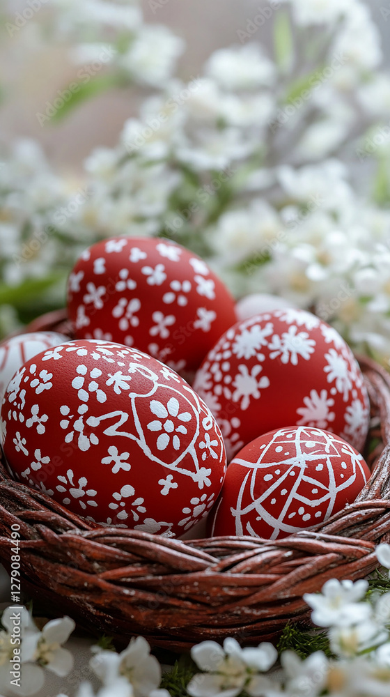 Red Easter eggs in a basket with white patterns on a background of spring flowers. Red Easter eggs in a basket with white patterns on a background of spring flowers.