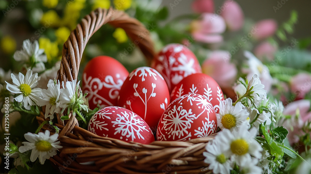 Red Easter eggs in a basket with white patterns on a background of spring flowers. Red Easter eggs in a basket with white patterns on a background of spring flowers.
