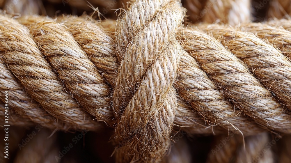 Close-Up View of a Natural Jute Rope Knotted Together with Intricate Detail and Texture Close-Up View of a Natural Jute Rope Knotted Together with Intricate Detail and Texture