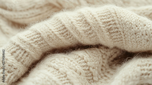 Textured close-up of a knitted wool blanket showcasing thick yarn details and patterns
