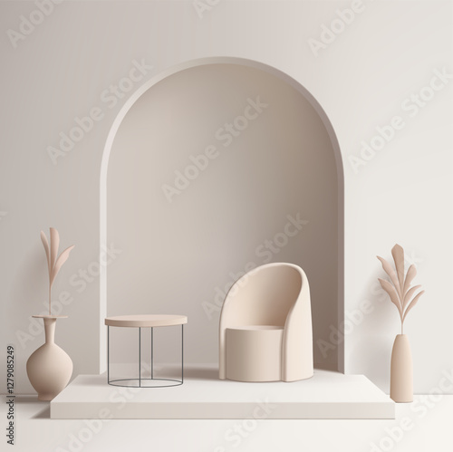 Modern 3D interior, armchair, coffee table, potted plants, arch, podium. For concepts of advertising, recreation. Scene for advertising of goods. Vector