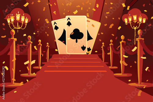 Billede på lærred Create a glamorous casino background image featuring gold confetti, luxurious lighting, and elegant casino elements like playing cards and chips