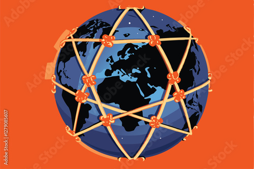 A detailed illustration of a globe interconnected by strings of money, visually representing global finance and economic interdependence.