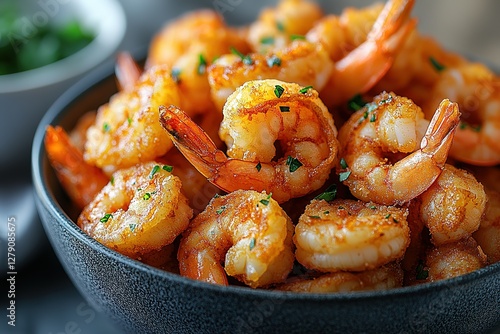 A bowl overflowing with succulent perfectly cooked shrimp garnished with fresh herbs Seafood delight! photo