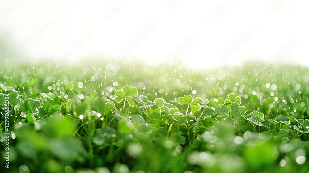 Lush green clover leaves with dew drops in soft morning light, nature's freshness. Lush green clover leaves with dew drops in soft morning light, nature's freshness.
