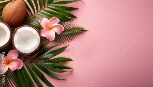 Tropical palm leaves, pink plumeria flowers, and halved coconuts are arranged on a pastel pink background. copy space