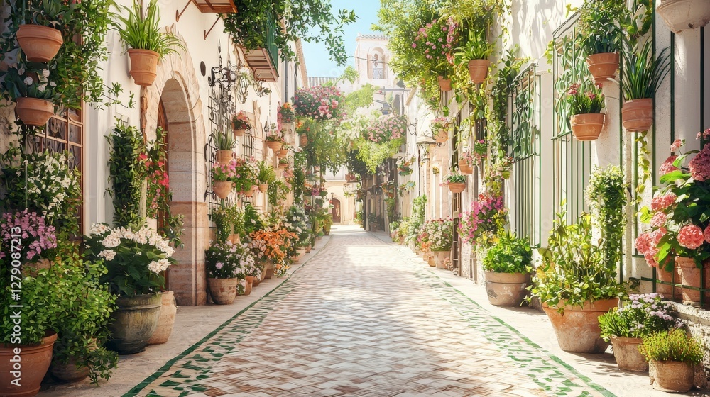Charming cobblestone street lined with colorful flower pots and vibrant greenery, creating a picturesque and inviting atmosphere. Charming cobblestone street lined with colorful flower pots and vibrant greenery, creating a picturesque and inviting atmosphere.