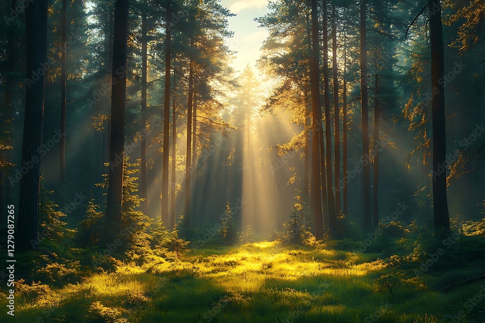 Fototapeta premium Sunbeams piercing a misty forest.