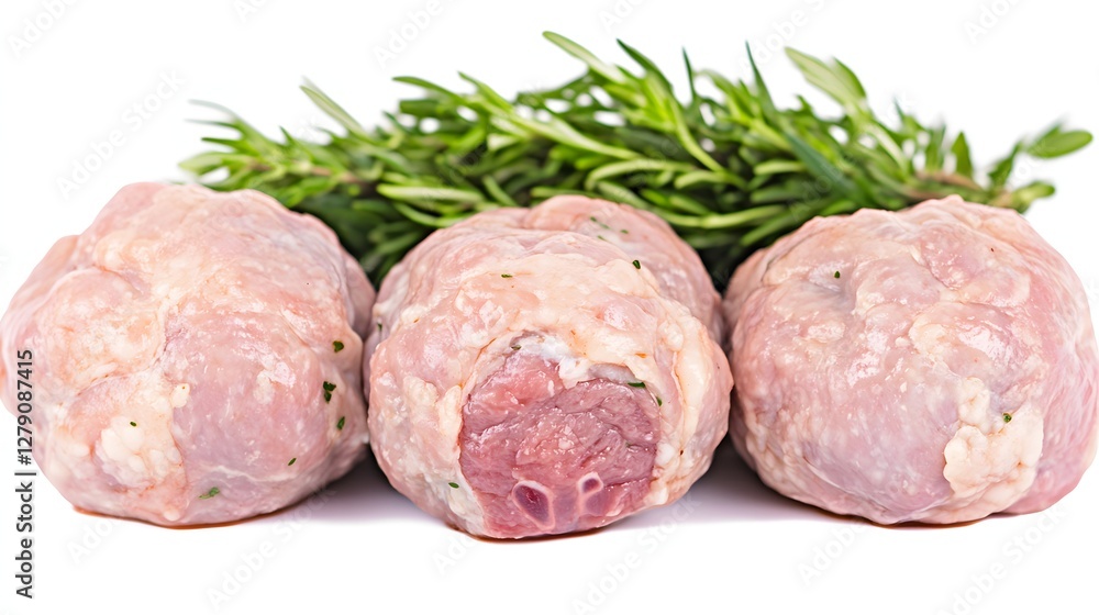Close Up of Three Raw Chicken Rolls with Rosemary in Studio on White Backdrop Close Up of Three Raw Chicken Rolls with Rosemary in Studio on White Backdrop