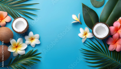Tropical palm leaves, pink plumeria flowers, and halved coconuts are arranged on a pastel blue background. copy space