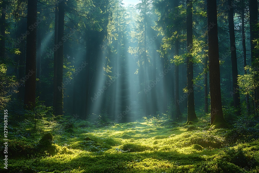Sunlight Piercing the Misty Forest Floor Sunlight Piercing the Misty Forest Floor