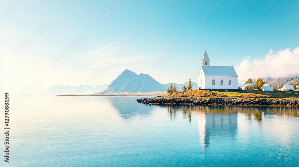 Fototapeta premium A serene landscape featuring a white church by a calm lake, surrounded by mountains under a bright blue sky.