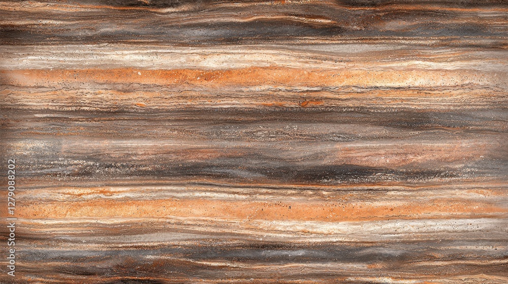 Naklejka premium A textured surface featuring horizontal stripes in rich browns, oranges, and grays, resembling natural stone or wood.