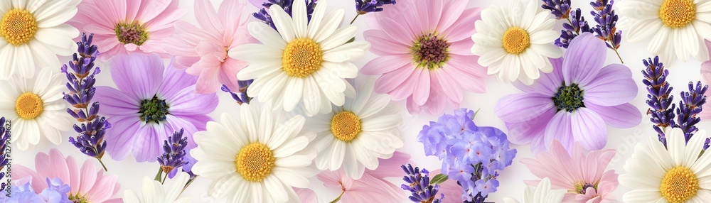 Vibrant mix of daisies and lavender blooms on a soft background. Vibrant mix of daisies and lavender blooms on a soft background.