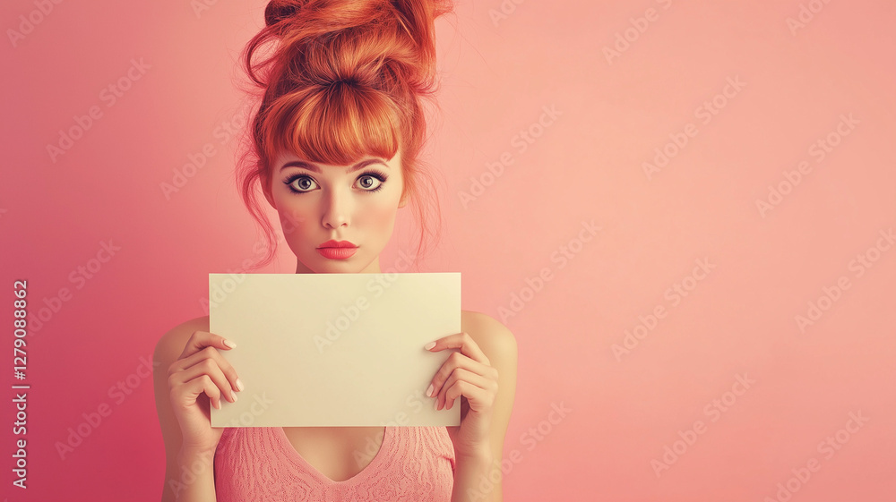 Serious-looking redhead holding a blank sign – pink background with text space Serious-looking redhead holding a blank sign – pink background with text space