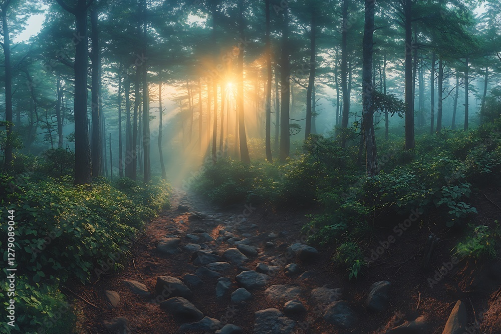 Fototapeta premium Sunbeams Piercing a Misty Forest Path