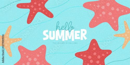 Hello Summer banner template. Creative vector background with hand-drawn sea stars or starfishes for decoration summer event, card, banner, cover, ads, holiday. Minimal art design in pale colors.