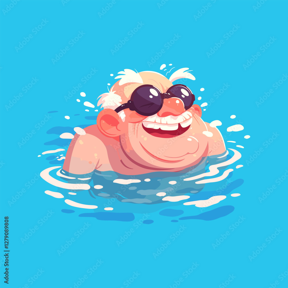 Vector illustration of swimming old man. Cartoon scene of an elderly, gray-haired man dressed in swimsuits n the water of the pool doing exercise. grandfather, active aging, sport Vector illustration of swimming old man. Cartoon scene of an elderly, gray-haired man dressed in swimsuits n the water of the pool doing exercise. grandfather, active aging, sport