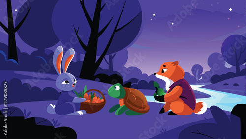 A whimsical illustration of diverse animal friends bartering goods; a squirrel offers nuts, a fox a scarf, a rabbit carrots.  Focus on joyful expressions and vibrant colors.