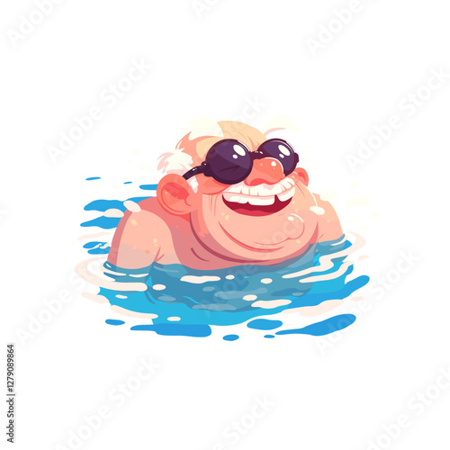 Vector illustration of swimming old man. Cartoon scene of an elderly, gray-haired man dressed in swimsuits n the water of the pool doing exercise. grandfather, active aging, sport