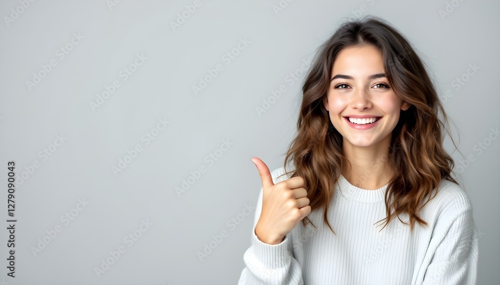 A smiling young woman pointing left with a photogenic expression A smiling young woman pointing left with a photogenic expression