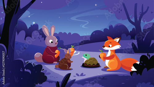 A whimsical illustration of diverse animal friends—fox, bear, rabbit—bartering goods at a lively outdoor market; showcasing vibrant colors and charming expressions.