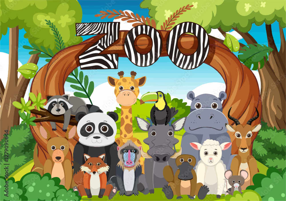 Obraz premium zoo animals group in flat cartoon style