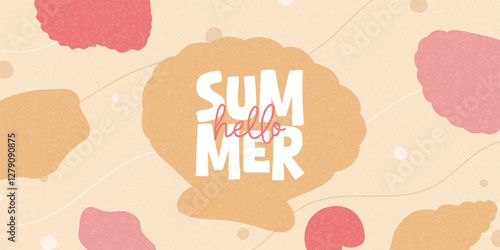 Hello Summer card template. Creative vector background with hand-drawn seashells for decoration summer event, card, banner, cover, ads, holiday. Minimal art design of summer banner in pale colors.