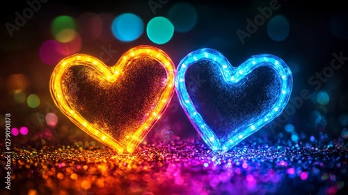 Two illuminated hearts glowing brightly against a bokeh background