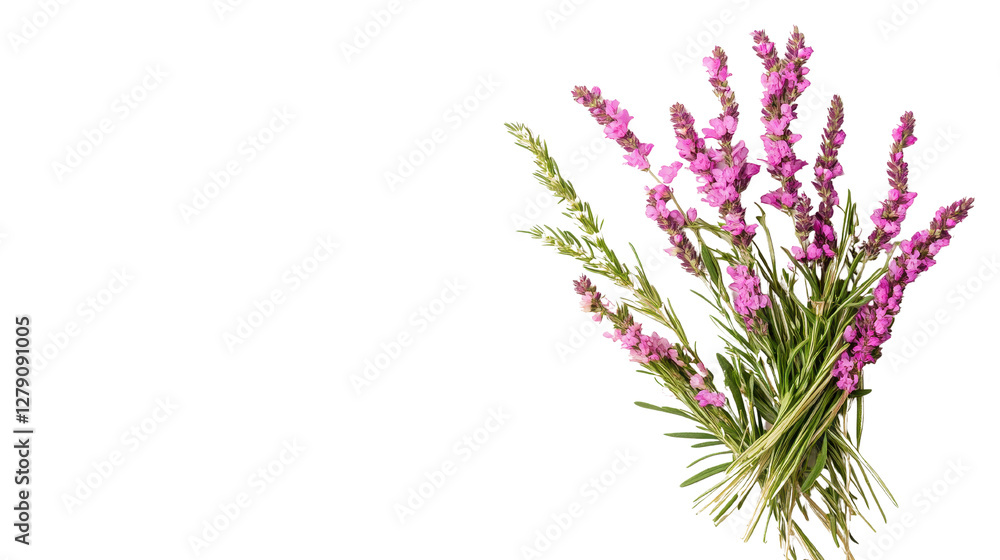 Obraz premium Vibrant wildflowers in bloom, delicate purple petals with green stems, perfect for enhancing nature-themed designs. Isolated on white background or PNG